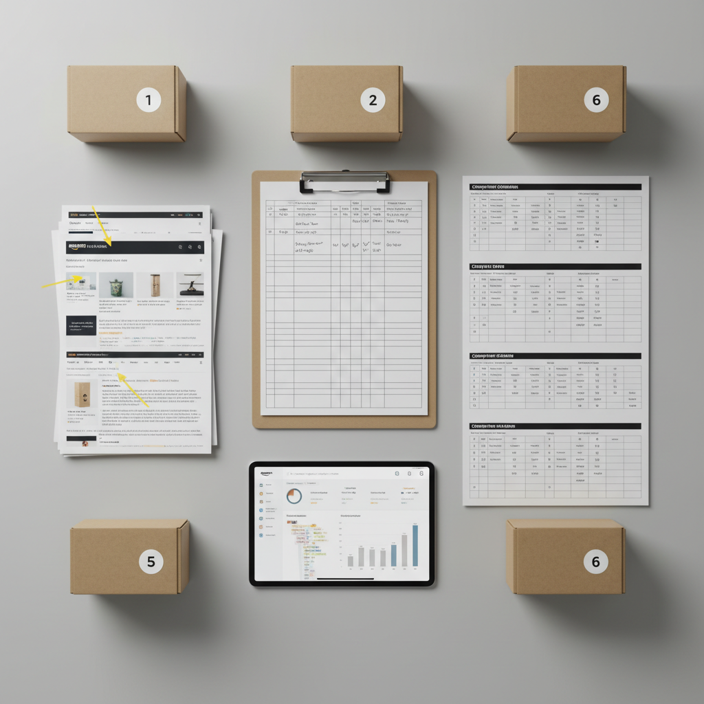 An overhead view of a meticulously organized product validation setup on a smooth, light gray tabletop: a central clipboard with a structured product evaluation checklist, printed Amazon listing screenshots, competitor comparison matrices, and a tablet showing customer review analysis. Around them, neatly arranged sample products in neutral packaging, each labeled with small numeric tags for testing. Soft, diffused studio lighting evenly illuminates the entire surface, minimizing harsh shadows and emphasizing clarity and order. Photographic realism with sharp focus and balanced composition, using the rule of thirds to highlight the checklist and digital tablet. The atmosphere is precise, objective, and professional, perfectly representing a disciplined framework for choosing profitable Amazon FBA products.