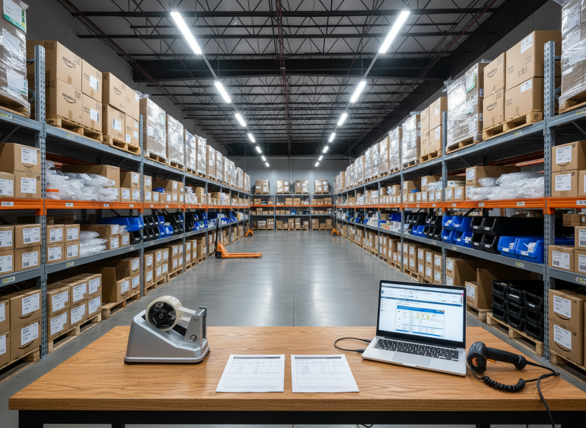 A spacious, well-organized warehouse aisle with tall metal shelving units stacked with uniformly labeled brown shipping boxes, bubble-wrapped packages, and neatly arranged inventory bins. In the foreground, a sturdy wooden packing station holds a tape dispenser, barcode scanner, printed pick lists, and a laptop displaying an inventory management dashboard. Overhead industrial LED lights cast bright, even illumination, creating defined but soft-edged shadows along the concrete floor. Photographic realism, captured from a slightly low angle looking down the aisle to emphasize depth and scale, with sharp focus throughout. The atmosphere is efficient, operational, and highly professional, showcasing the backbone logistics and operations side of a growing Amazon FBA business.