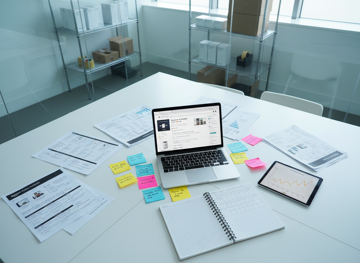 A clean white conference table covered with printed product research sheets, a slim silver laptop showing a detailed Amazon product listing, colorful sticky notes with handwritten metrics, and an open notebook filled with neatly drawn product comparison grids. Beside them, a tablet displays a graph of sales performance over time. The table sits in a bright, glass-walled office with blurred shelves holding boxed products and shipping supplies in the background. Cool, diffused daylight from large windows illuminates the scene, reducing harsh shadows and emphasizing clarity. Photographic realism, overhead three-quarter view with sharp focus, capturing the structured layout of information. The mood is analytical, methodical, and professional, representing strategic Amazon FBA product analysis.