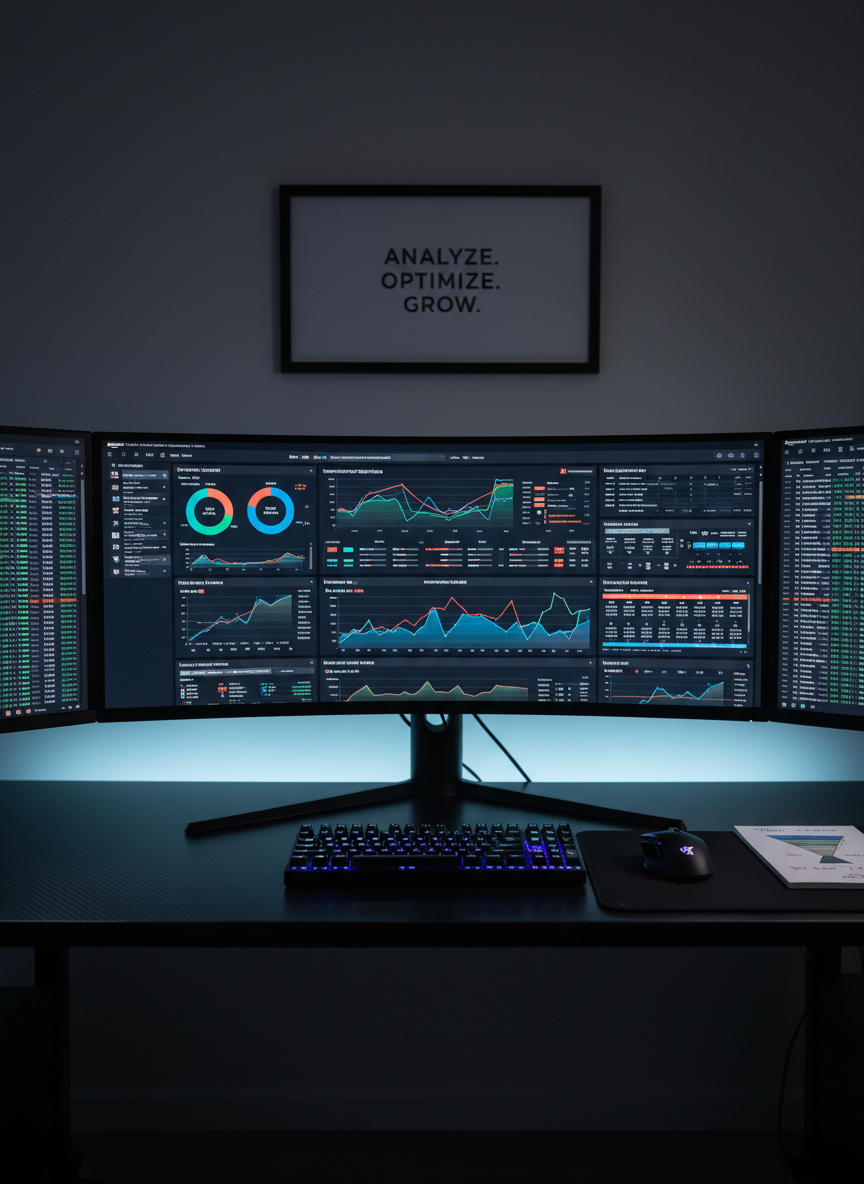 A large, ultra-wide curved monitor on a sleek black desk displaying a complex Amazon FBA analytics dashboard with sales graphs, conversion rates, and inventory alerts in vivid detail. Surrounding the monitor are two additional vertical screens showing keyword ranking charts and PPC campaign performance. The workspace includes a wireless mouse, mechanical keyboard with subtle backlighting, and a small notepad with a neatly drawn funnel diagram. The background shows a softly blurred dark wall with a single framed minimalist success quote. Cool, focused LED desk lighting and the glow from the screens provide dramatic, tech-driven illumination, creating subtle reflections on the desk surface. Photographic realism, shot from a centered, slightly elevated angle. The mood is data-driven, high-tech, and results-focused, ideal for showcasing advanced Amazon FBA optimization.
