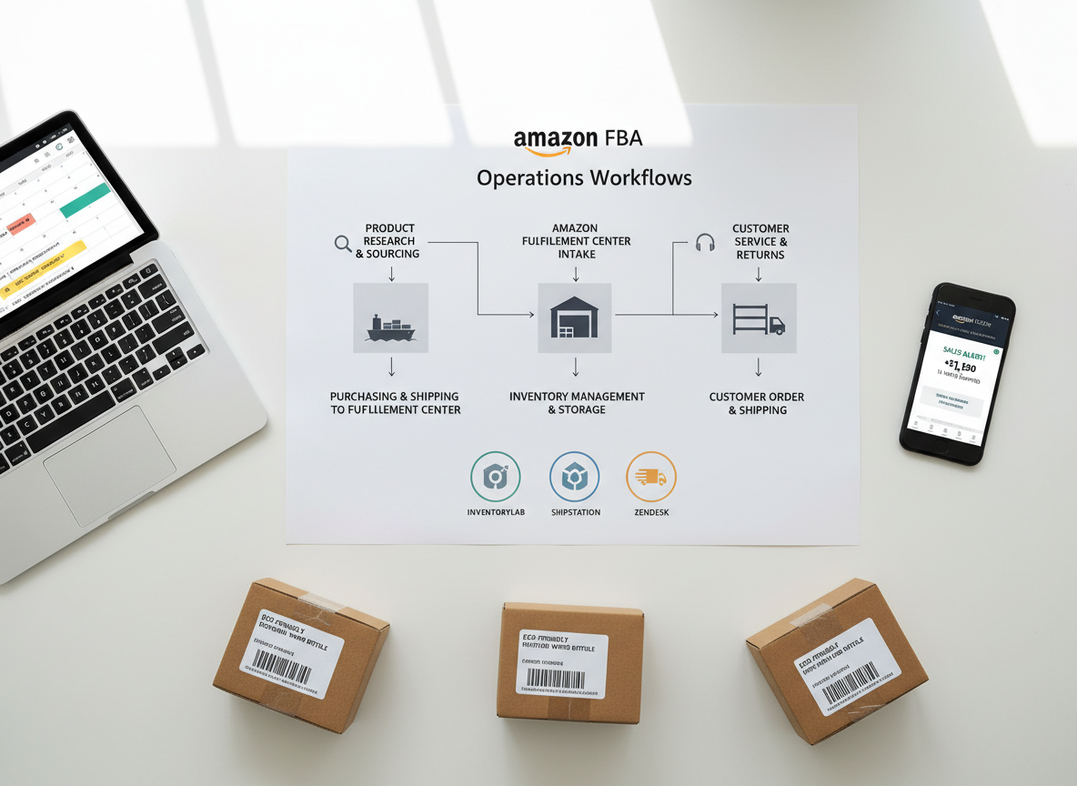 A polished white desktop displaying a complete Amazon FBA operations workflow laid out visually: a large printed flowchart illustrating stages from product sourcing to customer delivery, complemented by labeled icons for inventory, fulfillment, and customer support. Beside the chart, a laptop shows a calendar with scheduled restocks and promotions, while a smartphone displays real-time sales notifications. A few small cardboard boxes with neatly printed FNSKU barcodes sit at the edge of the desk. Bright, natural daylight from an off-frame window creates a clean, high-key look with minimal shadows. Photographic realism, overhead flat-lay composition with sharp focus and generous negative space. The mood is clear, structured, and empowering, ideal for conveying streamlined Amazon FBA business operations.