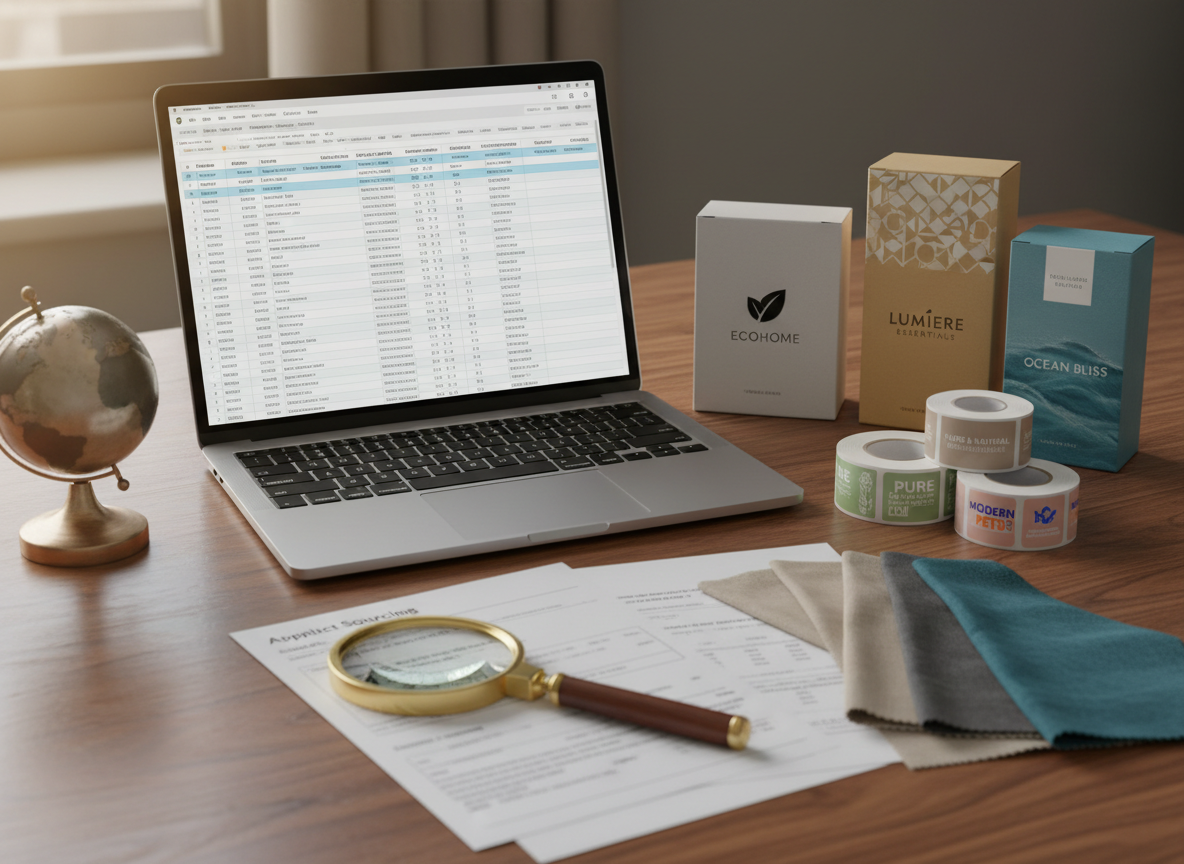 A close-up of an elegant wooden desk featuring an open silver laptop with a detailed product sourcing spreadsheet, next to samples of private label packaging: matte-finish product boxes with clean, minimalist branding, glossy label rolls, and fabric swatches. A magnifying glass rests beside printed supplier quotes and shipping terms, while a small globe sculpture adds a subtle hint of global trade. Warm, indirect afternoon light from an unseen window creates soft highlights on the laptop keys and gentle shadows around the documents. Photographic realism, shot from a slightly elevated angle with shallow depth of field, drawing attention to the sourcing documents and packaging details. The mood is strategic, professional, and aspirational, emphasizing thoughtful product sourcing for Amazon FBA.